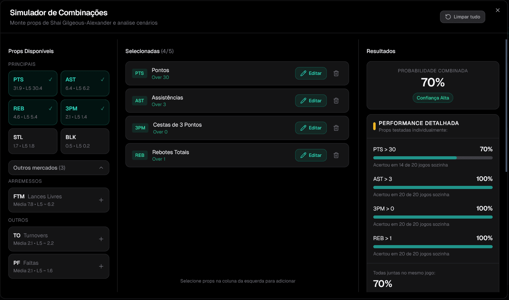 Simulador de Combinações no Basquete Stats