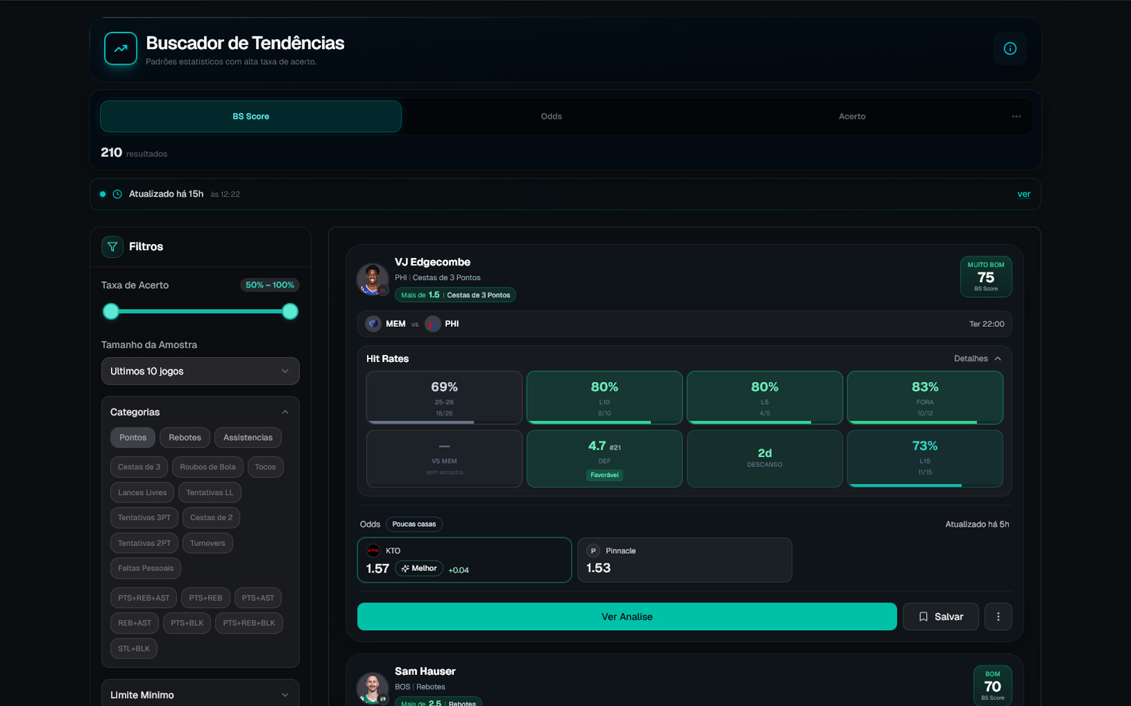 Preview do painel do Basquete Stats